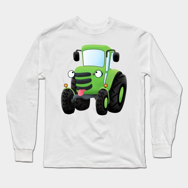 Cute green happy farm tractor cartoon illustration Long Sleeve T-Shirt by FrogFactory